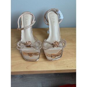 ZURIN Women's Rhinestone Bow Square Toe‎ Clear High Heels Size7 NWT